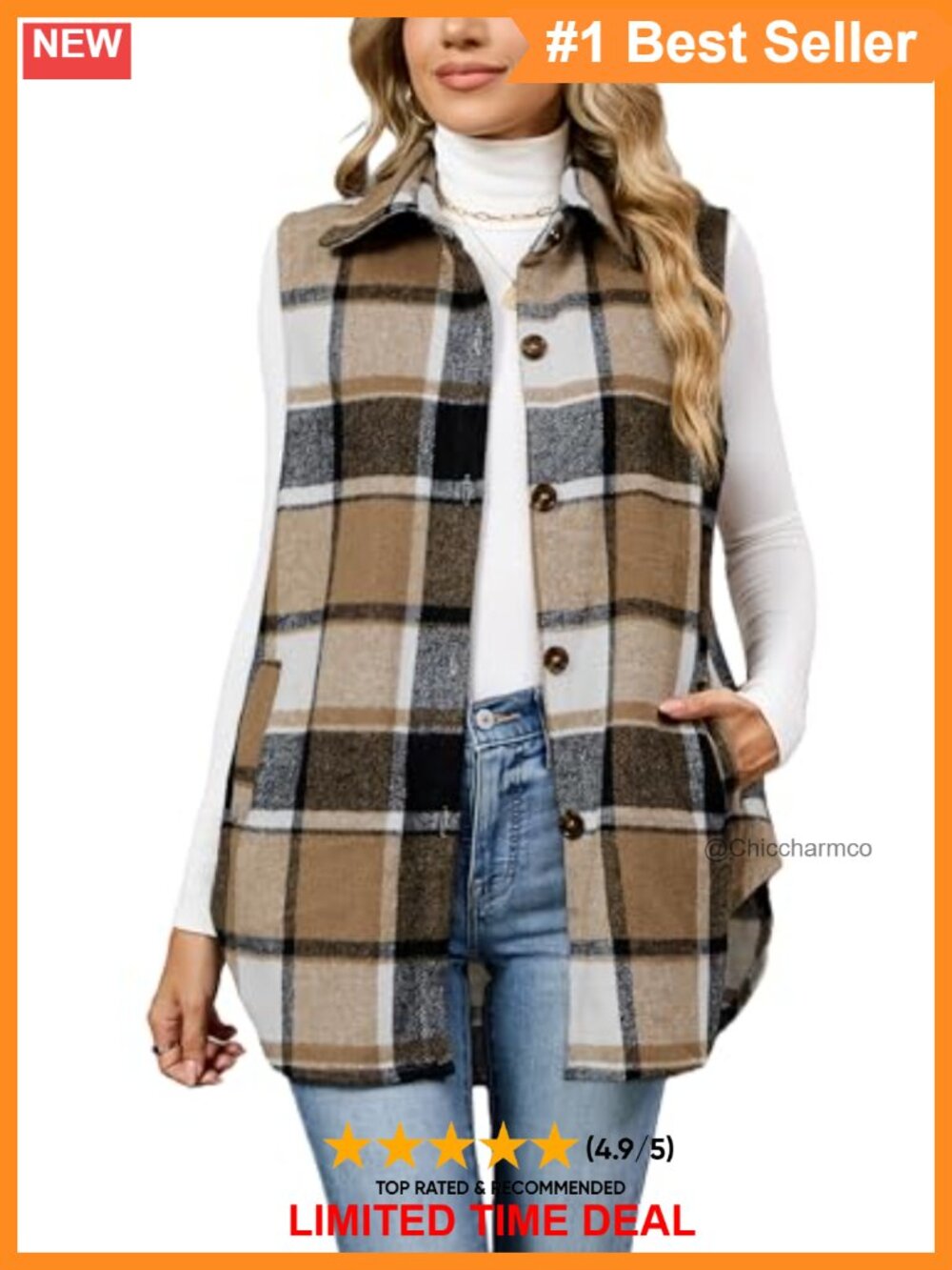 Tanming Plaid Vest Fall Flannel Sleeveless Shacket Button